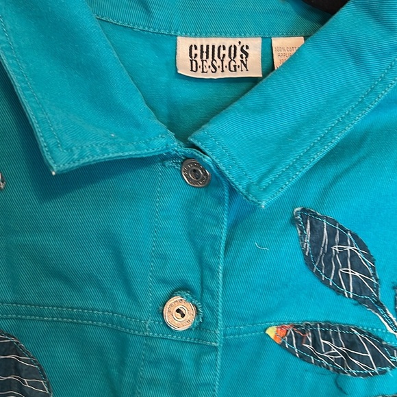 Chico’s Design Teal Appliquéd Unlined Jacket Size 3 (16)Silver Buttons - Picture 3 of 12